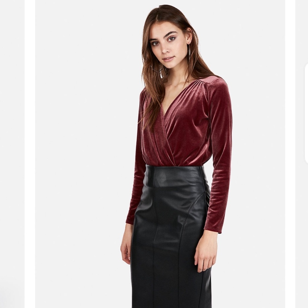 EXPRESS Burgundy Velvet Surplice Bodysuit